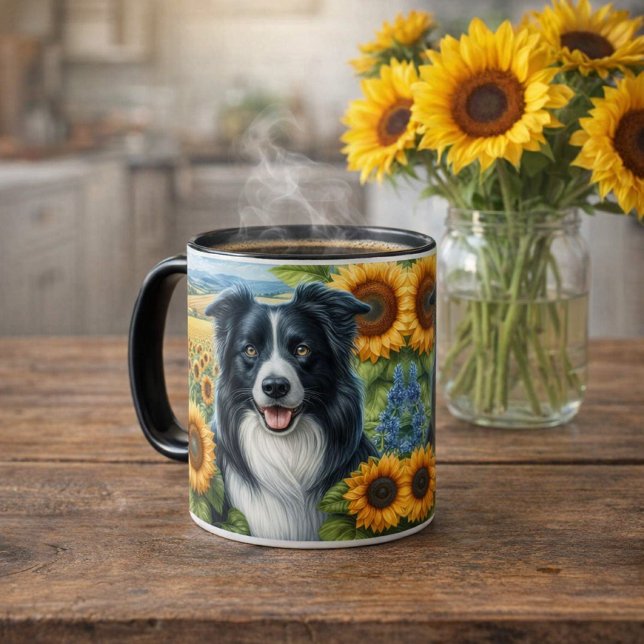 Border Collie Sunflower Farmhouse Coffee Mug (A ceramic mug features a cheerful Border Collie surrounded by golden sunflowers.   Gift Idea )