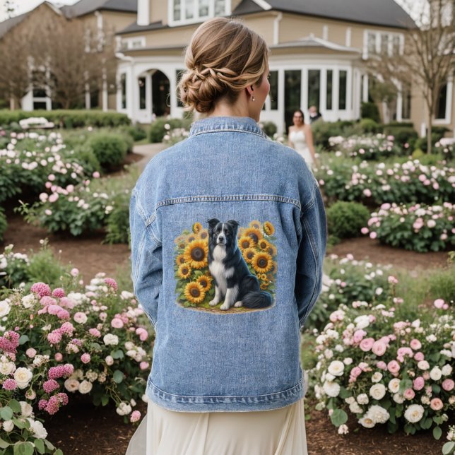 Border Collie Sunflower Floral Denim Jacket (Wedding Back)