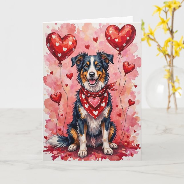 Border Collie Valentine’s Day Dog with Hearts Red Card (Yellow Flower)