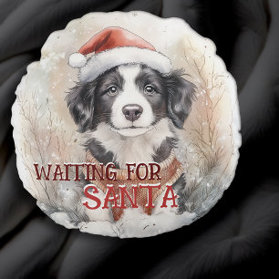 Border Collie Waiting For Santa Dog Watercolor Round Pillow