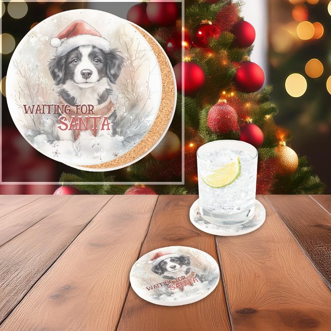Border Collie Waiting For Santa Watercolor  Coaster (Border Collie Waiting For Santa Watercolor Coaster. You can personalize the message.)