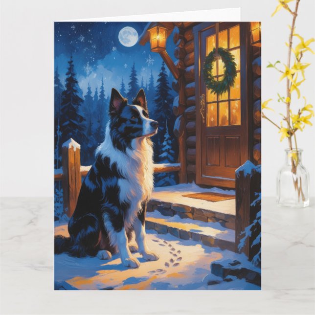 Border Collie With Christmas Lights Holiday Card (Yellow Flower)