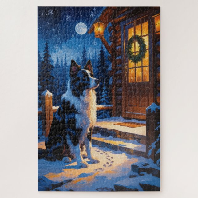 Border Collie With Christmas Lights Holiday Jigsaw Puzzle (Vertical)