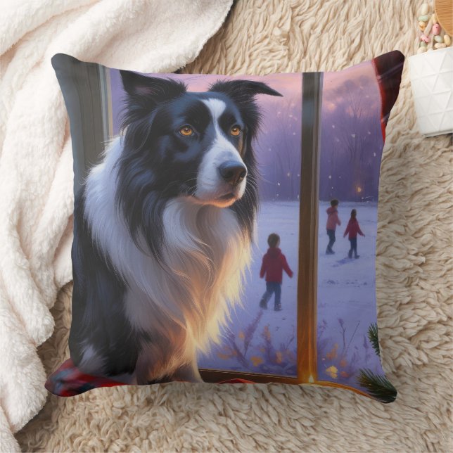 Border Collie With Christmas Lights Holiday Throw Pillow (Blanket)