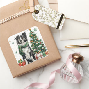 Border Collie with Festive Scarf by Christmas Tree Square Sticker