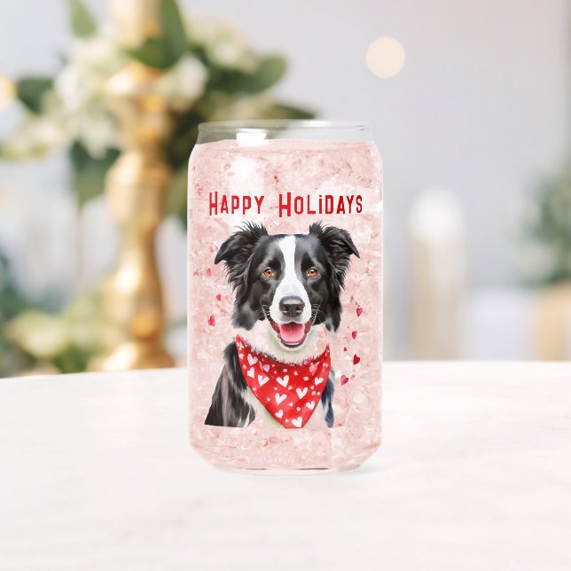 Border Collie with Red Heart Bandana Christmas Can Glass (Insitu (Wedding))