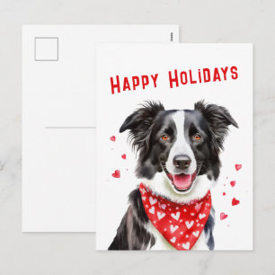 Border Collie with Red Heart Bandana Christmas Holiday Postcard