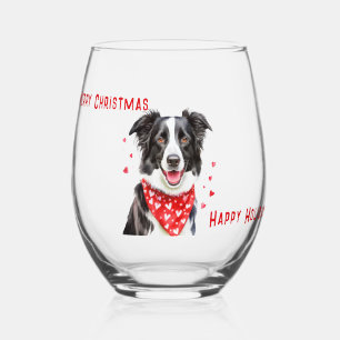 Border Collie with Red Heart Bandana Christmas Stemless Wine Glass