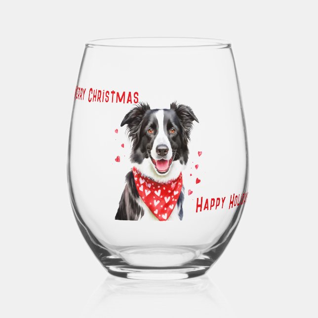 Border Collie with Red Heart Bandana Christmas Stemless Wine Glass (Front)