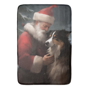 Border Collie With Santa Claus Festive Christmas Bath Mat