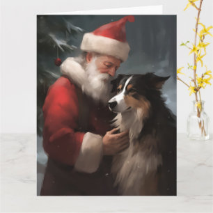 Border Collie With Santa Claus Festive Christmas Card