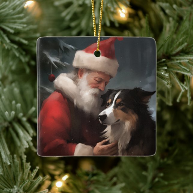 Border Collie With Santa Claus Festive Christmas Ceramic Ornament (Tree)
