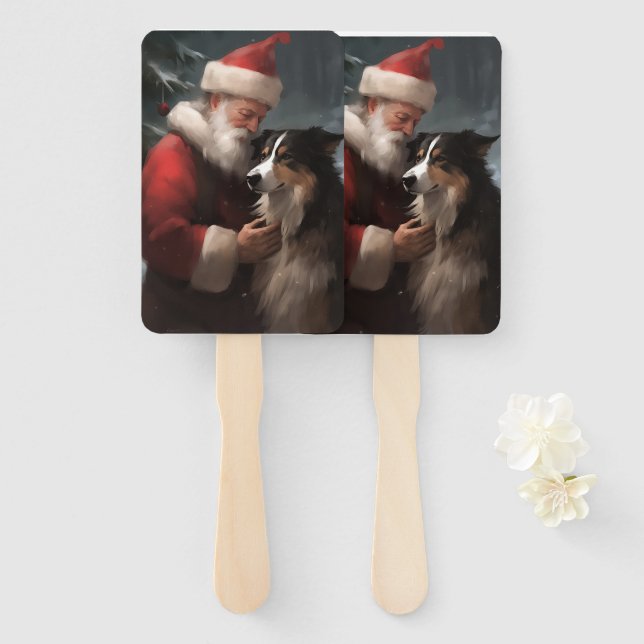 Border Collie With Santa Claus Festive Christmas Hand Fan (Front and Back)