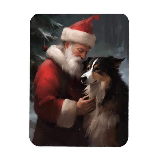 Border Collie With Santa Claus Festive Christmas Magnet (Vertical)