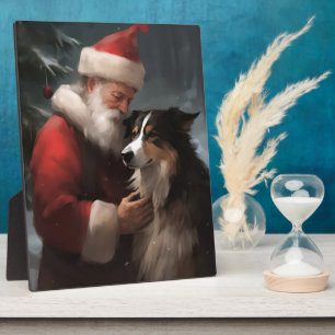 Border Collie With Santa Claus Festive Christmas Plaque