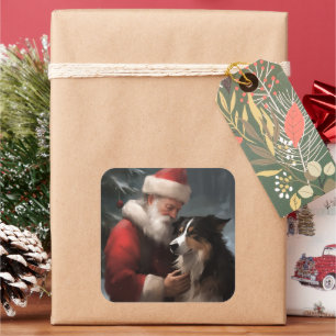Border Collie With Santa Claus Festive Christmas Square Sticker