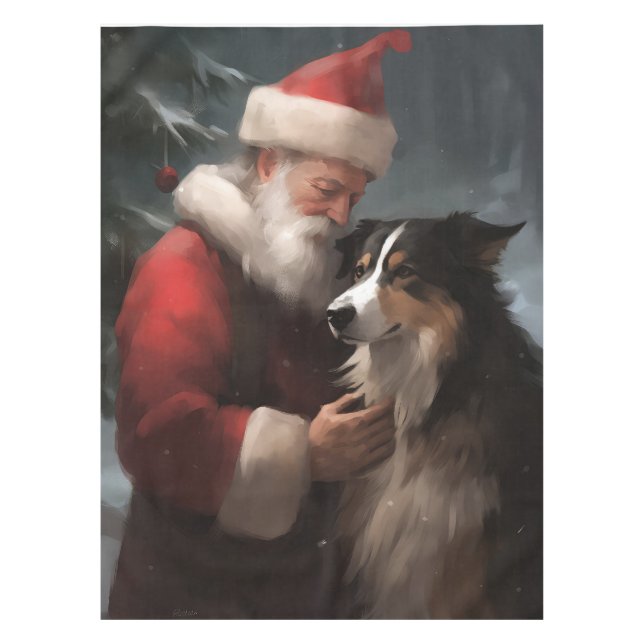 Border Collie With Santa Claus Festive Christmas Tablecloth (Front)