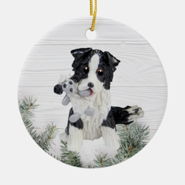 Border Collie with Sheep Christmas Ornament (Front)