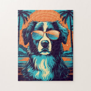 Border Collie with sunglasses at a tropical beach Jigsaw Puzzle