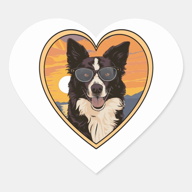 Border Collie with Sunglasses Heart Sticker (Front)