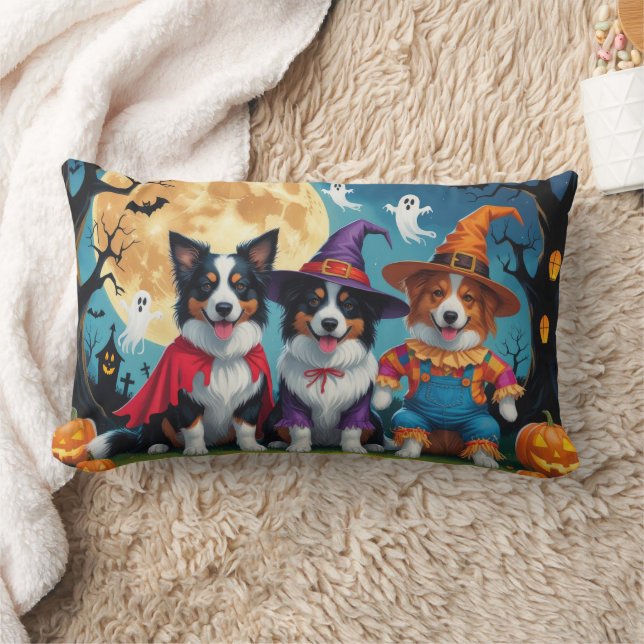 Border Collies Dogs Pumpkin Halloween Funny Lumbar Pillow (Blanket)