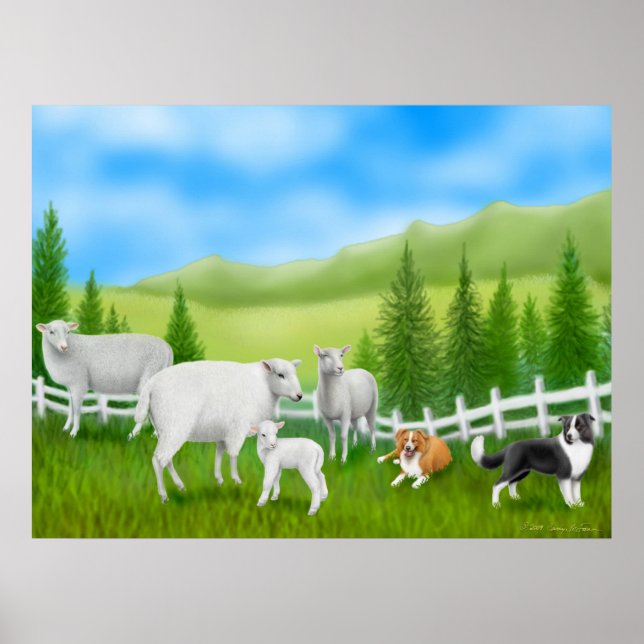 Border Collies & Sheep Flock Print (Front)