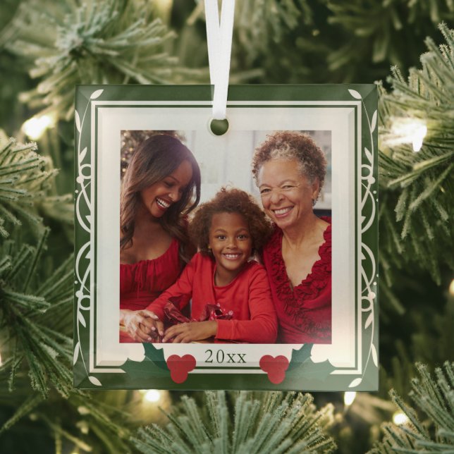 Border Green White Holly Family Christmas Glass Ornament (Insitu)