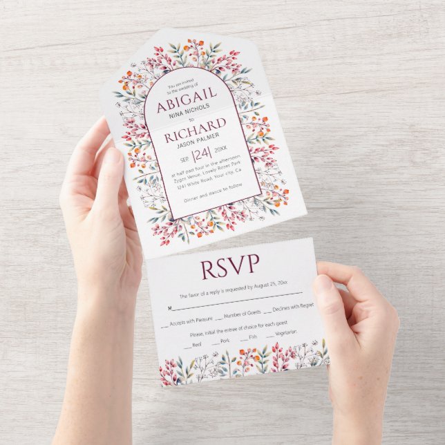 Border of leaves and berries burgundy wedding all in one invitation (Tearaway)