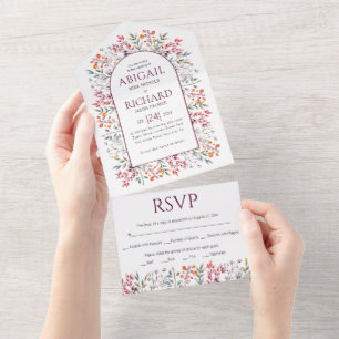 Border of leaves and berries burgundy wedding all in one invitation