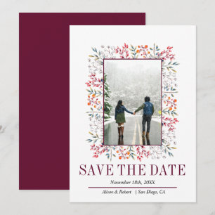 Border of leaves and berries burgundy wedding save the date