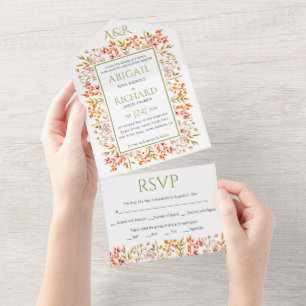 Border of leaves and berries olive green wedding all in one invitation