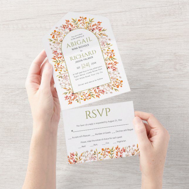 Border of leaves and berries olive green wedding all in one invitation (Tearaway)