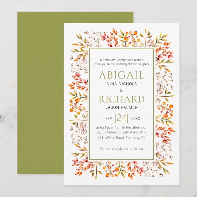 Border of leaves and berries olive green wedding invitation (Front/Back)