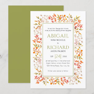 Border of leaves and berries olive green wedding invitation