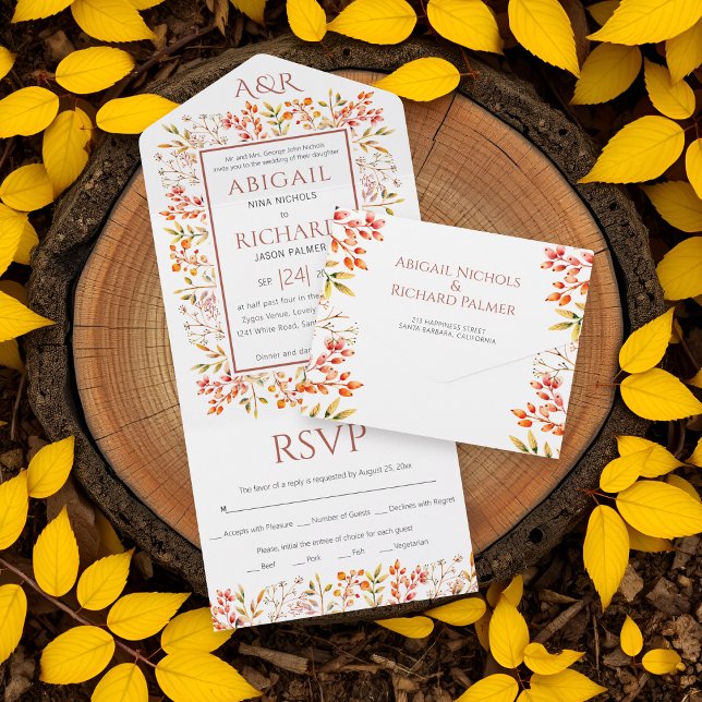 Border of leaves and berries terracotta wedding all in one invitation (Creator Uploaded)