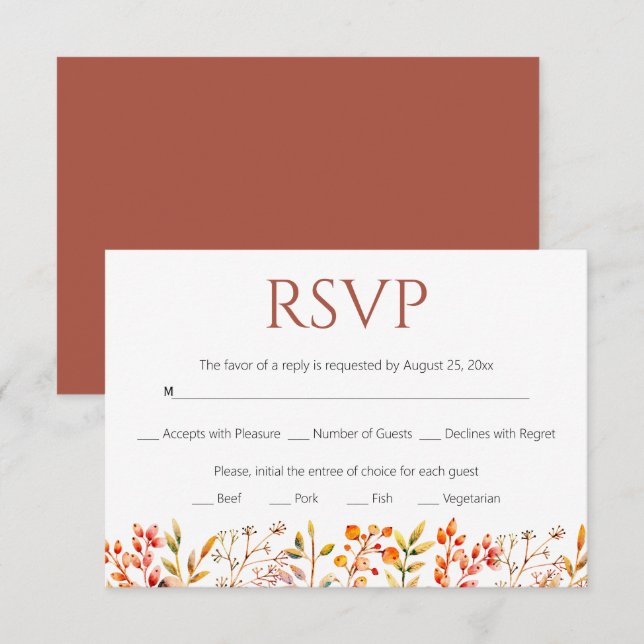 Border of leaves and berries terracotta wedding RSVP card (Front/Back)