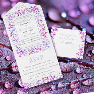 Border of leaves, berries lavender purple wedding all in one invitation