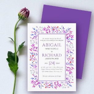 Border of leaves, berries violet purple wedding invitation