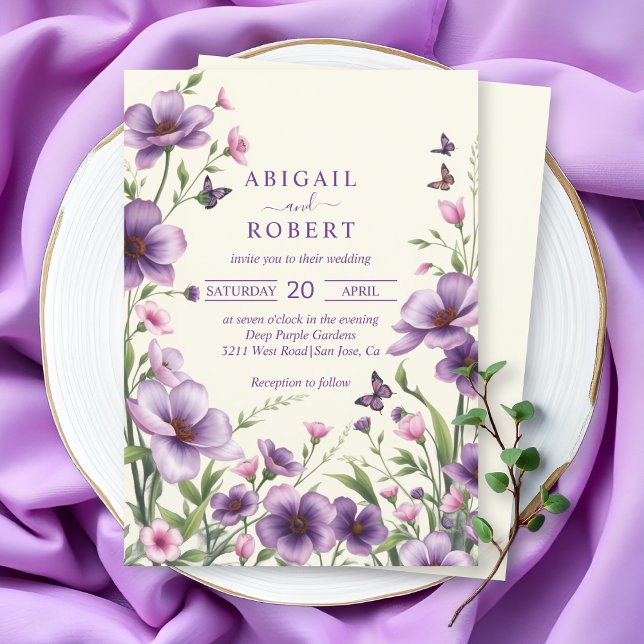 Border of purple flowers and RSVP QR code wedding Invitation (Creator Uploaded)