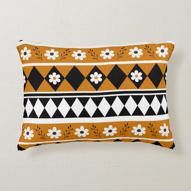 Border Stripe Flower Diamond Boho Floral Pattern Accent Pillow (Front)