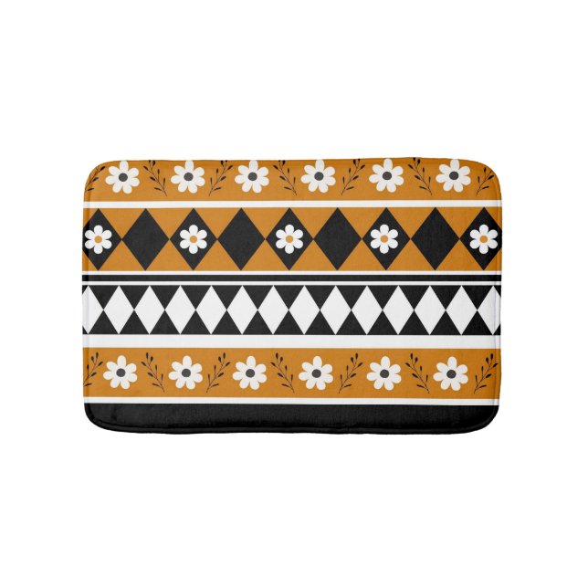 Border Stripe Flower Diamond Boho Floral Pattern Bath Mat (Front)