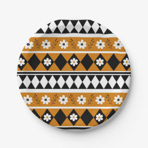Border Stripe Flower Diamond Boho Floral Pattern Paper Plate