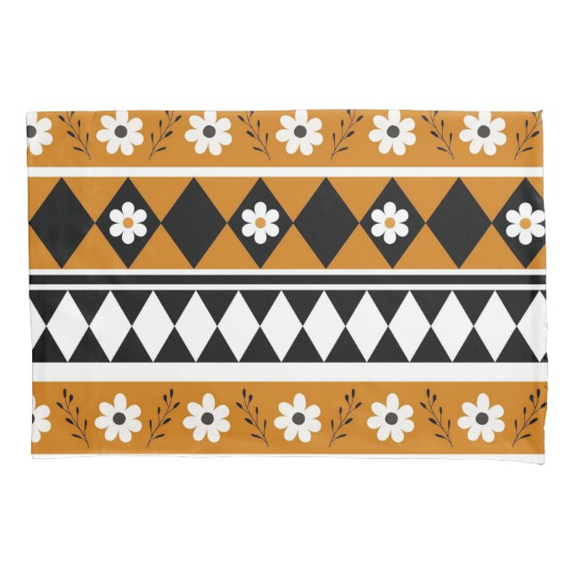 Border Stripe Flower Diamond Boho Floral Pattern Pillowcase (Front)