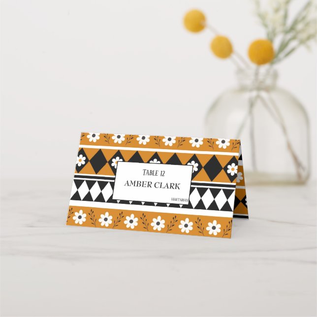 Border Stripe Flower Diamond Boho Floral Pattern Place Card (Front)