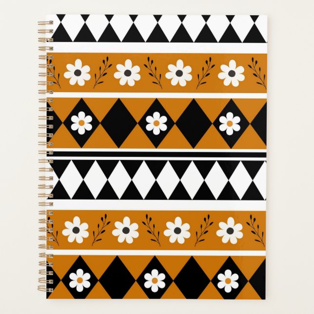 Border Stripe Flower Diamond Boho Floral Pattern Planner (Front)