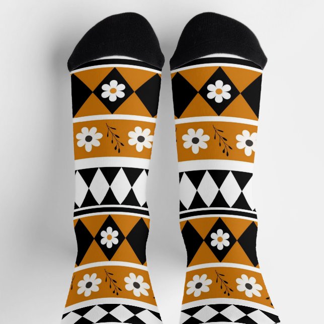 Border Stripe Flower Diamond Boho Floral Pattern Socks (Top)