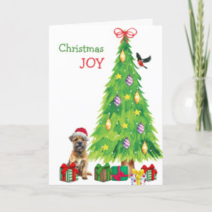 Border Terrier Dog, Bird and Christmas Tree Holiday Card