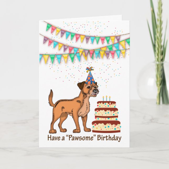 Border Terrier Dog Birthday Celebration With Cake Card (Front)