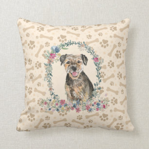 Border Terrier Dog Paw Print & Floral Cute Throw Pillow