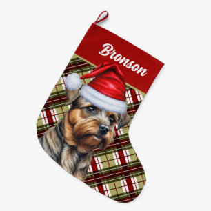 Border Terrier Holiday Plaid and Dogs Name Large Christmas Stocking